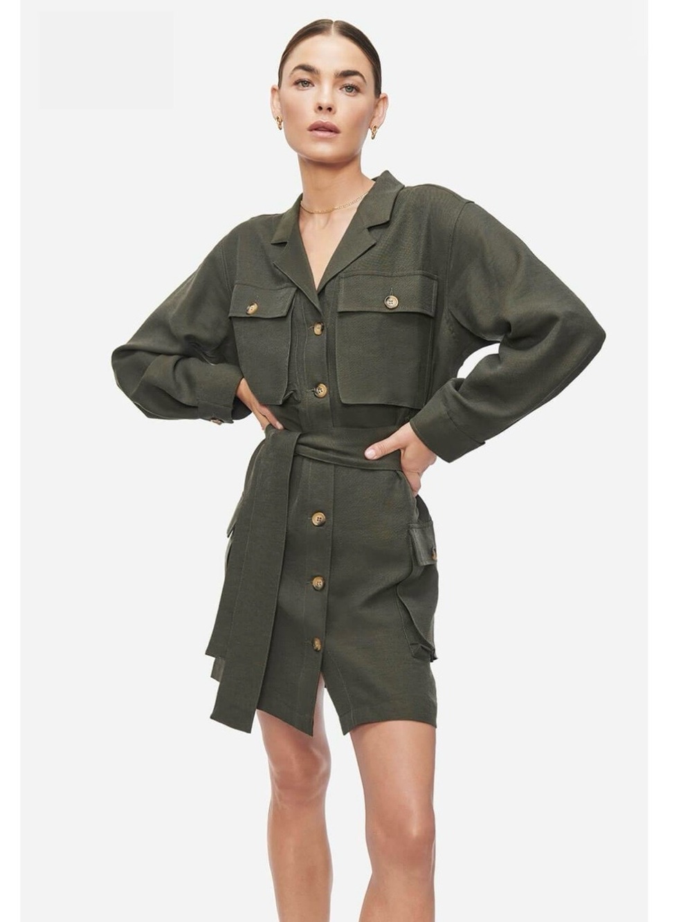 Anine Bing Kaiden Dress Willow Green XS Utility Cargo Style Sophisticated